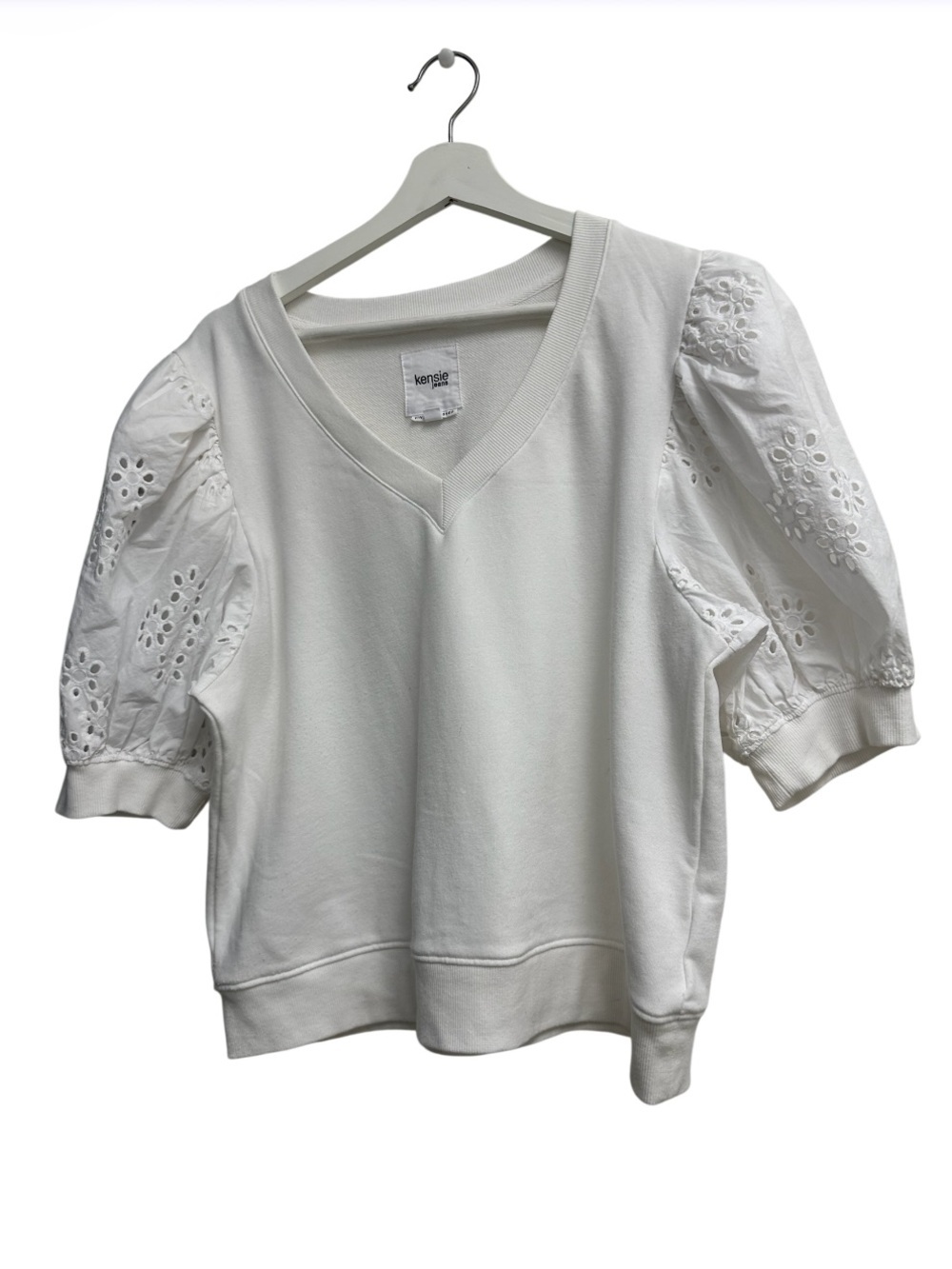Kensie Jeans | White Eyelet Puff Sleeve Sweatshirt Top | XL Coastal Cottagecore - Picture 3 of 6